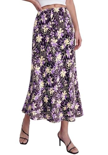 BTFBM Satin Skirts for Women Trendy Spring Summer 2026 High Waisted Leopard Print Cocktail Wedding Long Silk Midi Skirt(Floral Black Purple, Small) - Image 1
