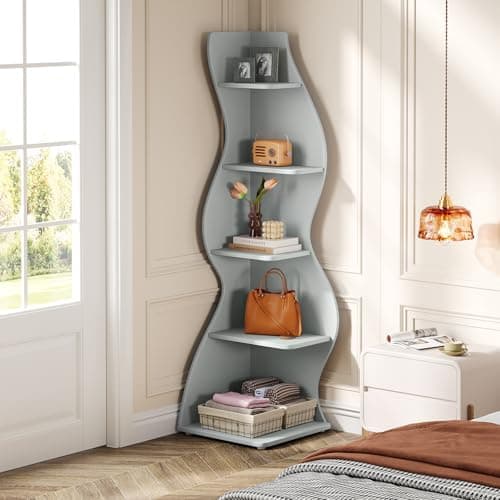 Tribesigns Wavy Corner Shelf, Modern 5-Tier Bookshelf Bookcase with Curvy Shape, Unique Plant Stand Display Rack for Living Room Small Space (Blue) - Thumbnail 5