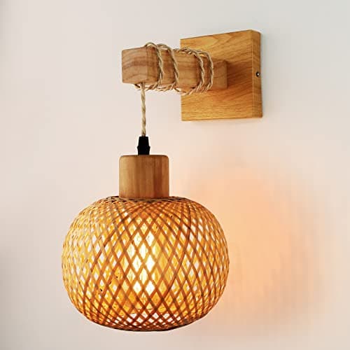 Frideko Bamboo Wall Sconce Lighting - Rattan Wall Lamps for Bedroom, Farmhouse Wall Light with Bamboo Lampshade, Rustic Boho Sconces Light Fixture for Living Room - Image 1