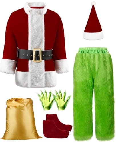 PrettyQueen Christmas Halloween Green Santa Claus Costume Funny Santa Suit for Men Adult Cosplay Costume Xmas Outfit (X-Large)