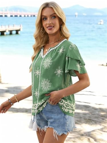 Bellcoco Womens Summer Boho Tops Short Sleeve Peplum Blouses V Neck Bohemian Shirt Tie Front Tunic Vacation Clothes Green Medium - Thumbnail 3