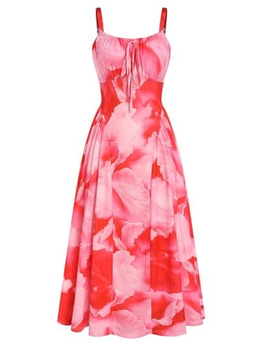 ZAFUL Wedding Guest Dress for Women Floral Midi Corset Dress Flowy Dresses for Women Cocktail Party A Line Sundress Rose Red S - Image 1