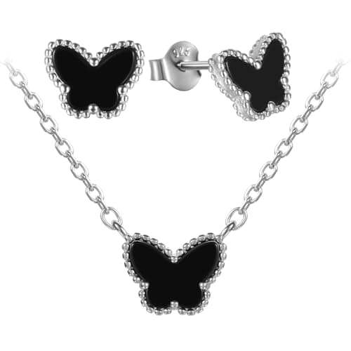 Evensee Black Onyx Butterfly Earrings and Necklace Set 925 Sterling Silver Rhodium Plated Matching Jewelry Valentine Birthday Mothers Day Gift for Her - Image 1