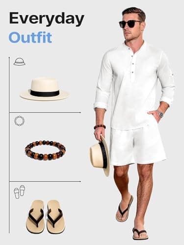 JEMLDL Men's 2 Piece Linen Cotton Long Sleeve Cuban Henley Shirt and Shorts Sets Summer Beach Vacation Outfits White S - Thumbnail 4