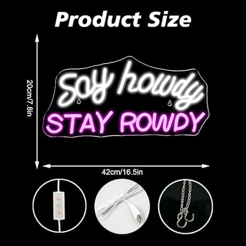 VVYXX Say Howdy Stay Rowdy Neon Sign Wall Decor Dimmable Neon Light for Man Cave Pub Beer Bar Bedroom Recreation Room Gift - Thumbnail 3