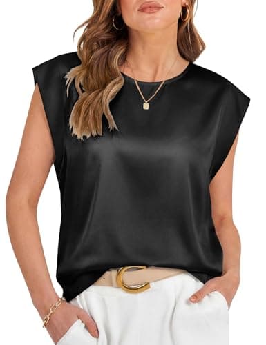 LOMON Womens Silk Satin Tops Summer Cap Sleeve Shirts Dressy Crew Neck Tank Tops Loose Business Casual Blouses XXL Black - Image 1