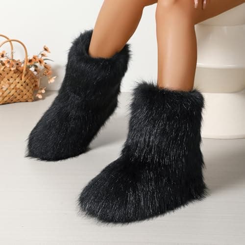 Dufnfn Women's Faux Fur Boots Size 9 - Mid-Calf Winter Snow Boots with Fluffy Lining, Y2K Fashion Warm Shoes for Women （black） - Thumbnail 4