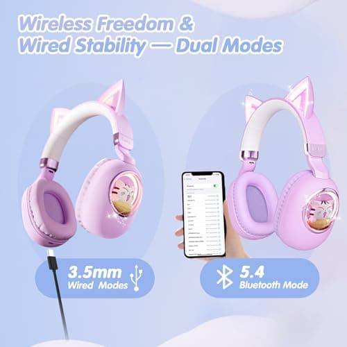 esonstyle Cat Ear Headphones for Kids - Bluetooth 5.4 On-Ear Noise Cancelling Headphones with Microphone 85dB Safe Volume Limit Wireless or 3.5mm Wired Mode USB C for School Learning Travel (Purple) - Thumbnail 4