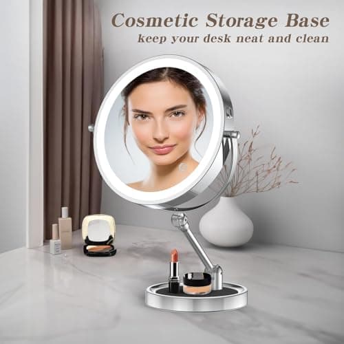 Rocollos Tabletop Makeup Mirror with Built-in Vanity Tray, 9" Rechargeable 4000mAh Lighted Vanity Mirror 1X/10X Magnification, Height-Adjustable Arm, 3 Color Dimmable (9Inch Chrome) - Thumbnail 4