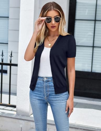 Women's Essential Short Sleeve Cardigan Jackets Summer Lightweigth Shrug Sweater for Dress(Nave Blue Short Sleeve,S) - Thumbnail 3