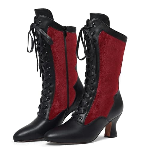 Erocalli Womens Red Witch Boots Halloween Vintage Mid-calf kitten heel Suede Boot - Fall, Lace-up, Side Zipper, Pointed Toe, Renaissance, Victorian shoes - Image 1