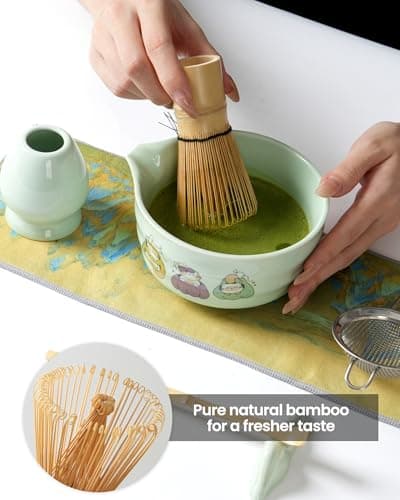 Matcha Whisk Tea Set Kit Japanese Matcha Kit - Matcha Bowl, Matcha Whisk and Holder, Bamboo Scoop, Scoop Rest, Sifter and Tea Towel - for Tea Ceremony Breakfast Lattes - Home Kitchen Christmas(Green) - Thumbnail 6