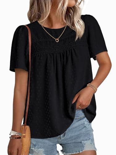 NORACORA Womens Summer Tops Crewneck Short Sleeve Shirts Casual Chiffon Boho Babydoll Blouses Flowy Lace Hem Boho Clothing Trendy 2026 Black XXL - Image 1
