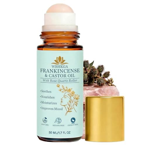 WBHKGA Castor Oil & Frankincense Roll On - Real Red Rose Quartz Eye Roller (Not Plastic) - Pure Cold Pressed Face Serum for Dark Circles, Fine Lines, Wrinkles & Puffiness (50ml / 1.7 fl.oz (1 Pack))