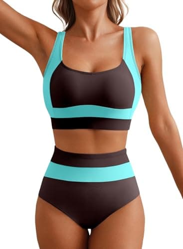 Herseas Women Bikini Sets for Women Color Block High Waisted 2 Piece Athletic Swimsuit Wide Straps Removable Pad Supportive Bathing Suit Stretchy Chic Resort Wear Dark Brown Small - Image 1