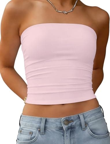 Matunana Women's Tube Top - Strapless Crop Bandeau Tops Basic Y2K Summer Going Out Clothes 2026 Trendy Vacation Outfit Pink L - Image 1