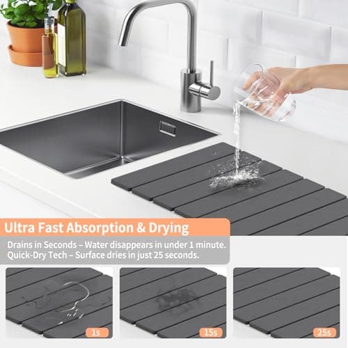 HotFox Dish Drying Mat for Kitchen Counter – Quick Dry Stone Drying Mat, Foldable Diatomaceous Earth Pad, Non-Slip Kitchen Sink Drying Mat, Large Fast Drying Stone Mat for Dishes, Coffee Maker, Grey - Thumbnail 6