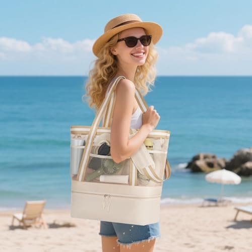 WOOMADA Beach Tote Bag With Cooler, Large Mesh Beach Bags for Women with Wet Pocket, Pool, Swim, Travel Essentials（Beige） - Thumbnail 3