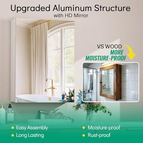 BROBIG 20 x 26 Medicine Cabinet Mirror, Moisture-Proof Aluminum Bathroom Medicine Cabinet with Mirror, Bathroom Mirror Cabinet with Adjustable Shelves, DTC Hinges, Recessed/Surface-Mounted - Thumbnail 4