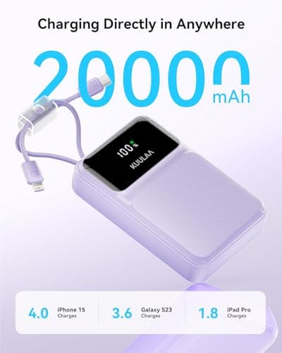 Kuulaa Portable Charger with Built in Cables 20000mAh, Travel Power Bank with LED Display, 22.5W Fast Charging Battery Pack for iPhone 17 16 15 14 13 12 Android, Purple - Thumbnail 2