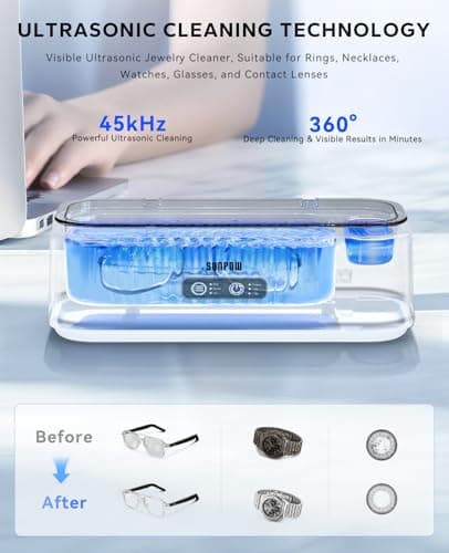 SUNPOW Ultrasonic Jewelry Cleaner Machine– Dual Chambers for Contact Lenses & Jewelry, 45kHz Sonic Cleaner for Silver & Gold, Rings, Earrings, Glasses, Watches, Necklaces – Quiet 45dB, Deep Cleaning - Thumbnail 2