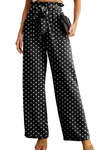 HiMONE Petite Wide Leg Pants for Women High Waisted Paperbag Waist with Tie Belt Elastic Pull On Ankle Length Casual Dressy Trousers with Pockets White Black - Image 1