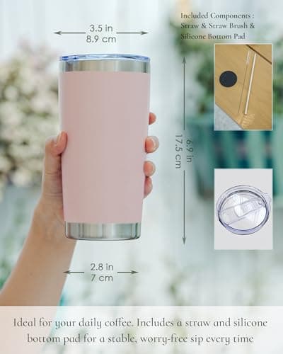 UIRZOTN Travel Coffee Tumbler 20oz, 8 Pack Leakproof Travel Coffee Mug with Lid and Straw, Stainless Steel Double Wall Vacuum Insulated Tumbler for Hot/Iced Drinks (Textured Matte, Soft Pink) - Thumbnail 2