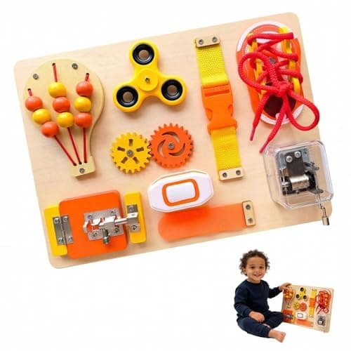 SEYTUFU Montessori Busy Board for Toddlers, Wooden Sensory Toys Autistic Children, Travel Toys for Educational Fidget Board with Switches & Music Boxes, Fidget Spinner, Locks for 3+ Year Kids Gifts.