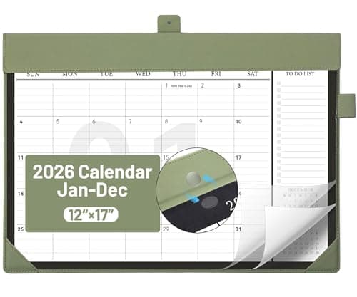 Bibiage Desk Calendar 2026 Jan to Dec with Plastic Cover, Large Desktop Calendar 12"x17" with to-do List, Wall Calendar Leather Hard Back, Large Ruled Block, Monthly Flip, Desk Decor, Office Supplies, Green