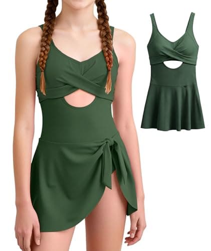 MFAVIP Girls One Piece Swimsuits Teen Swimsuits for Girls 14-16 Green V Neck Ruffle Strap for Beach - Image 1