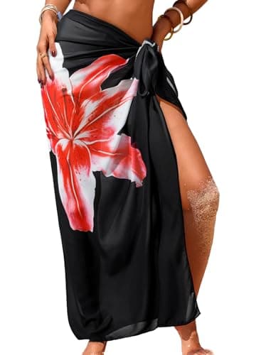 Herseas Women's Sheer Sarong One Size Swim Suit Coverups High Slit 2026 Summer Black Lily Print Chiffon Wraps Knot Side Beach Cover Up Fashionable Casual Vacation Outfits - Image 1