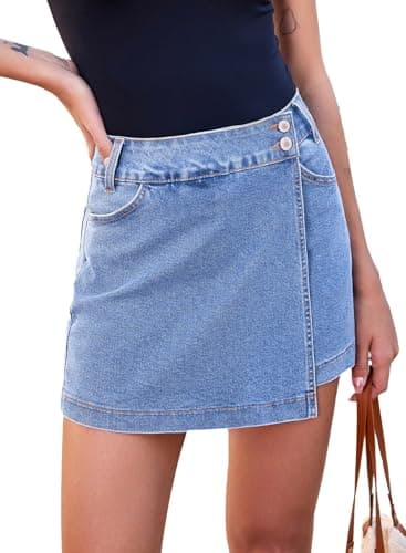 Sidefeel Skorts for Woman High Waisted Stretchy Jean Shorts Trendy Asymmetrical Casual Summer Mini Denim Skirts Iceland Blue Size 8 - Image 1