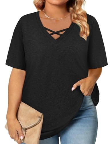 Womens Plus Size Tops Summer Clothes Spring Fashion Clothing Easter Outfit Shirts Short Sleeve Blouses for Women Dressy Casual Business Outfits Oversized Tshirts Loose Tunics Black L - Image 1