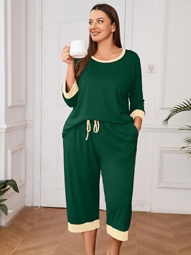 AusLook Women’s Plus Size Pajama Sets Dark Green 1X Soft 3/4 Sleeve Nightwear Top and Capri Pants Lounge Set with Pockets - Thumbnail 4