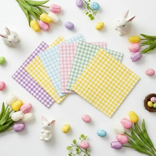 NatNarr 80 Pcs Gingham Napkins, 6.5X6.5 Inch Easter Paper Napkins Disposable Yellow and White Plaid Napkin for Spring, Masters Party, Picnic - Thumbnail 3