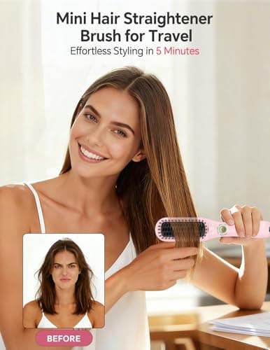 LANDOT Mini Hair Straightening Brush - Compact Ionic Straightening Brush for Frizz-Free Smooth Hair, Lightweight Hot Comb & Travel-Friendly Flat Iron, Blush - Thumbnail 2