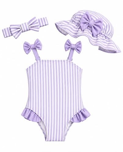 DivingBirds Baby Girl Swimsuit with Sun Hat & Headband Set, Infant One Piece Bathing Suit Newborn Summer Beach Gift,Purple Stripe,12-18 Months - Image 1