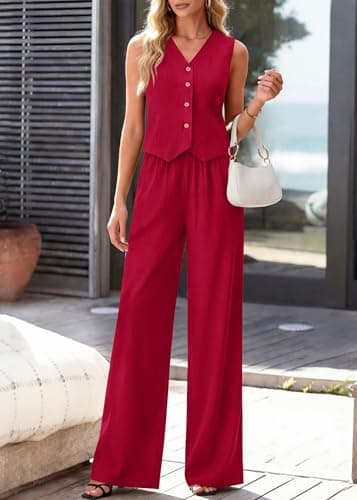 KIRUNDO Business Casual Outfits for Women Vest Tops Pant Suits Dressy 2 Piece Sets Summer Crop Blazer Wide Leg Work Pants(Wine Red, X-Large) - Thumbnail 2