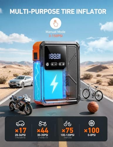 AstroAI Beta822 3000A Jump Starter with Air Compressor, 150PSI Portable Tire Inflator with Auto-Shutoff, 12V Car Battery Booster (9.0 Gas/7.0L Diesel) with LED Light and Jumper Cables, Black - Thumbnail 5