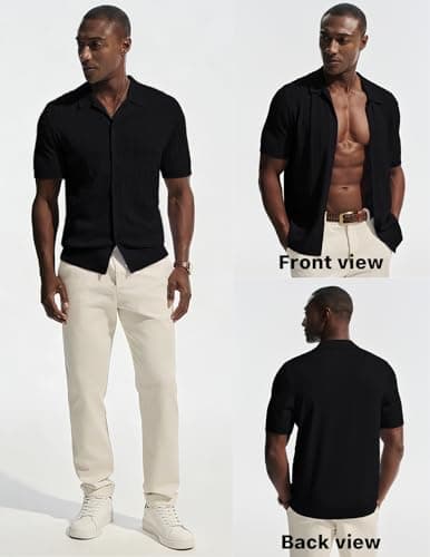 PJ PAUL JONES Black Polo Shirts for Men Casual Button Down Golf Polo Shirts Knit Textured Summer Polo T Shirts Black L - Thumbnail 6