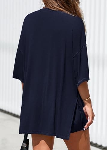 KIRUNDO 2 Piece Sets for Women Summer Lounge Sets Casual Oversized Tshirts Shorts Matching Airport Travel Outfits Postpartum(Navy Blue, XX-Large) - Thumbnail 2