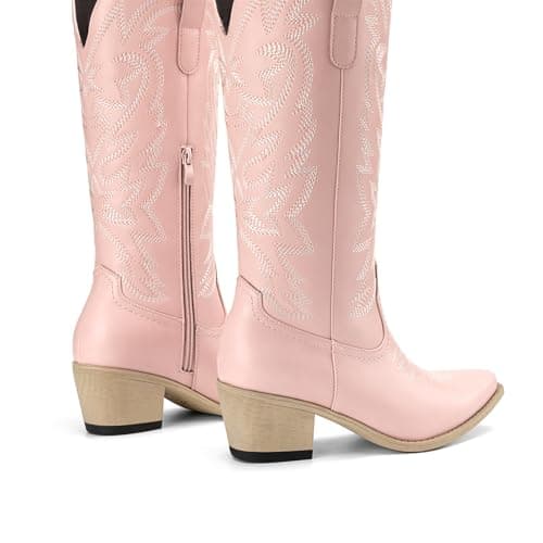 Athlefit Cowboy Cowgirl Boots for Women Fashion Low Chunky Heel Snip Toe Embroidery Western Mid Calf Boots Pink Size 8.5 - Thumbnail 6
