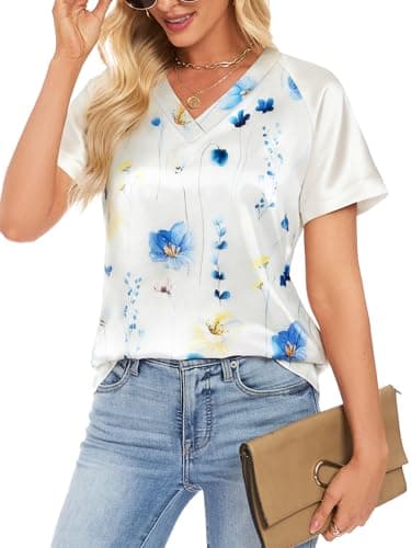 Funlingo Summer Satin Tops for Women Silk Short Sleeve Raglan Shirts V Neck Color Block Floral Blouses Summer Fashion Clothing S - Thumbnail 4