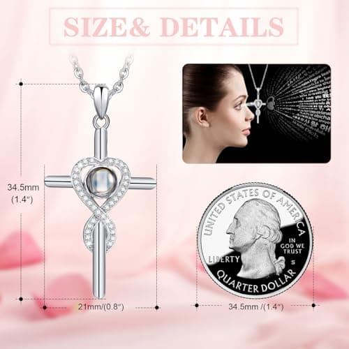 Juvux Projection Cross Necklace 925 Sterling Silver Pendant Necklace with I Love You 100 Languages, Love Heart Cross Necklace Jewelry Gifts for Men Women Mom Dad Friends Daughter - Thumbnail 3