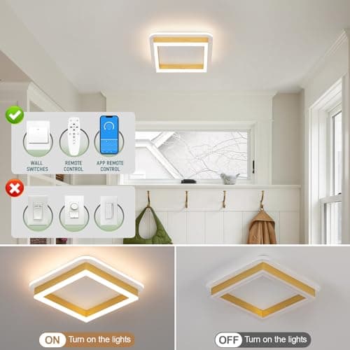 Vloitgol LED Flush Mount Ceiling Light Fixtures, 3000K-6000K Dimmable Hallway Light Fixtures with Remote Control Acrylic Square Ceiling Lamp for Kitchen Laundry Bedroom Bathroom (Gold) - Thumbnail 6