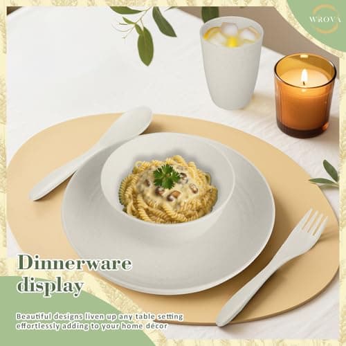Wrova Wheat Straw Dinnerware Sets of 20,Dishwasher Safe Kitchen Plates and Bowls Sets,Camping Dishes Sets Contains Dinner Plates,Cereal Bowls,Drinking Cups and Flatware.(Beige) - Thumbnail 4