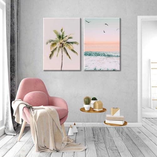 2Pcs Framed Pastel Beach Wall Art Tropical Palm Tree Canvas Posters Prints Coastal Ocean Wall Decor Pictures Summer Beach Theme Bedroom Living Room Decoration, 12x16 Inch - Thumbnail 6