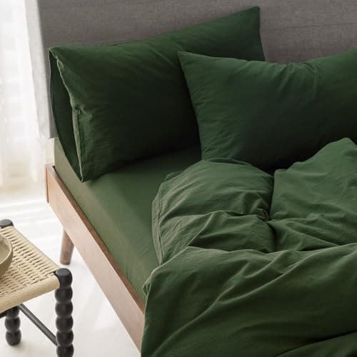ELIMMO Cooling Duvet Cover Set 3 Pieces-100% Washed Cotton Linen Like Textured Ultra Soft Cozy Bedding with Zipper Closure,Includes 1 Duvet Cover & 2 Pillow Shams(Forest Green,Oversized King 120"x98") - Thumbnail 4