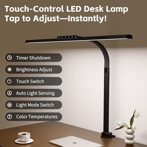 Architect Desk Lamp with Clamp, Eye-Caring Clip on Desk Lights for Home Office, Touch Control Dimmable LED Computer Light with Color Changing, 24W Bright Desktop Lamp for Drawing Crafts, Black - Thumbnail 3