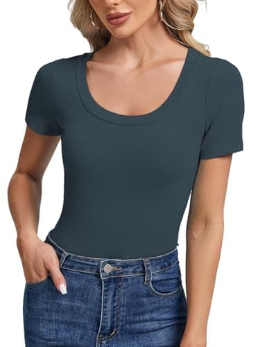 C.O.Z.Y Womens Short Sleeve Scoop Neck Tops Ribbed Knit Basic Tee Casual Summer Fitted Shirts Trendy Outfits Blue - Thumbnail 2